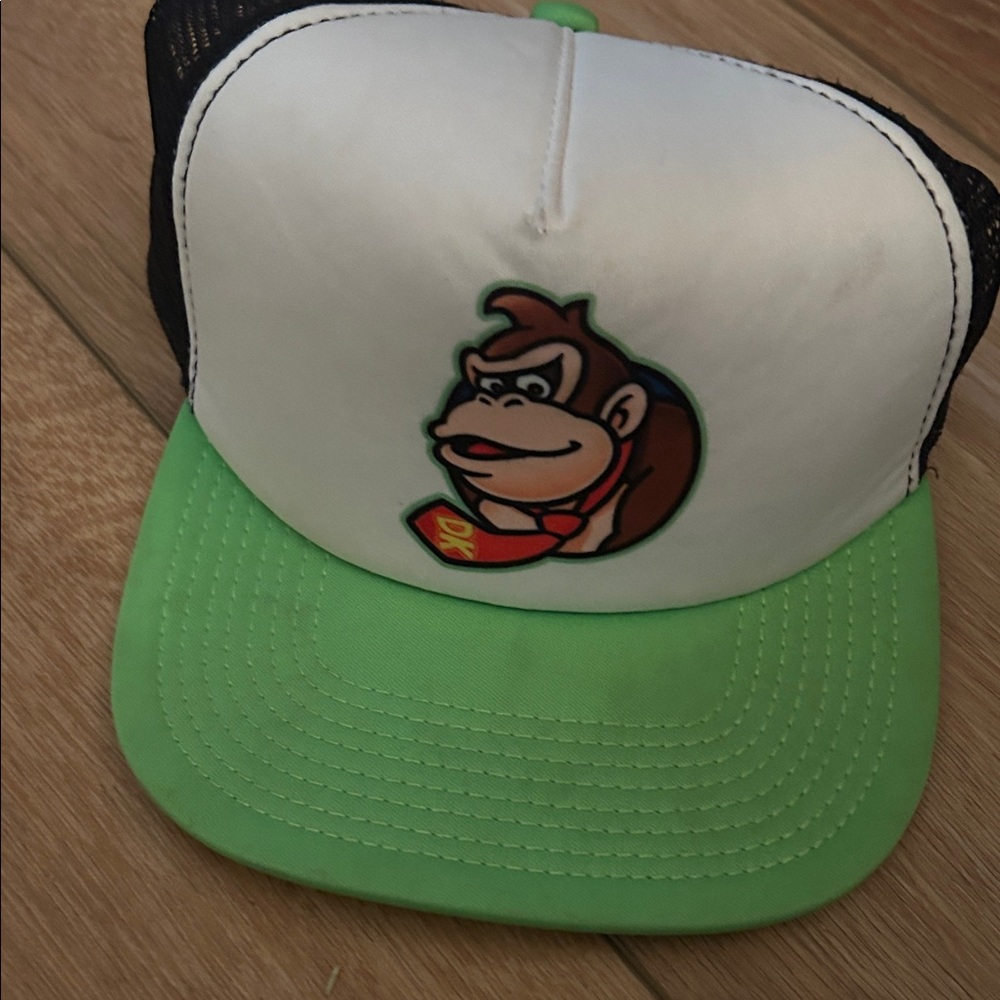 White and Green Trucker Hat with Donkey Kong Design